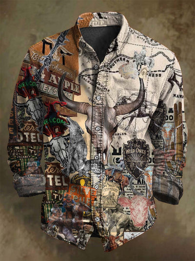 Abstract Western Cowboy Puzzle Print Casual Long-Sleeve Shirt