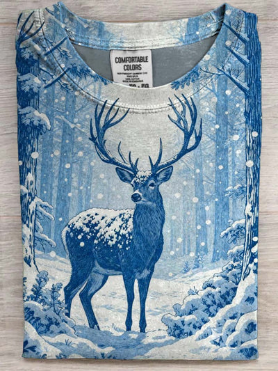 Snowy Reindeer Print Casual Short-Sleeve T-Shirt