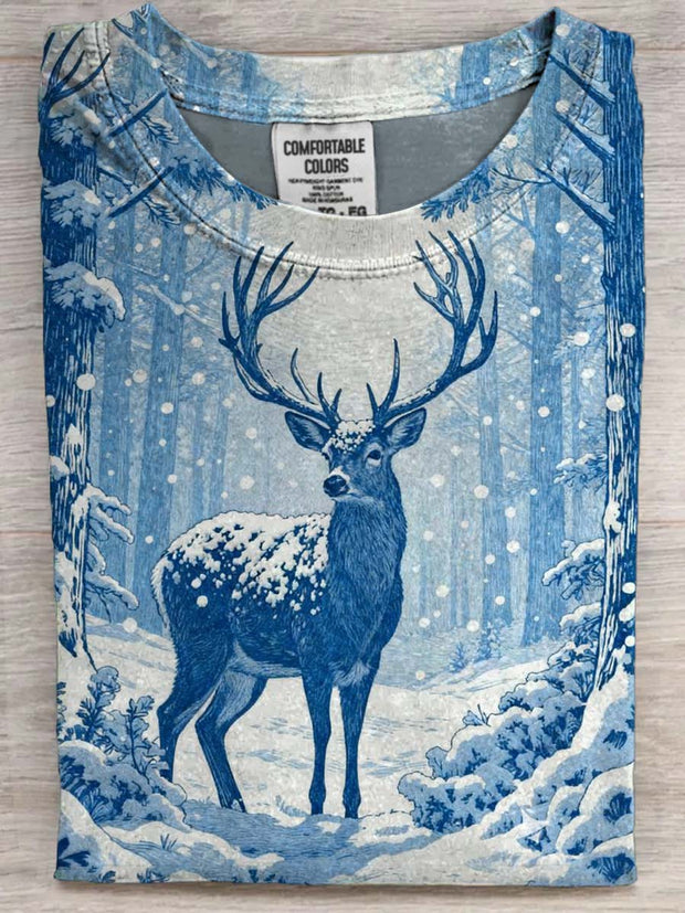 Snowy Reindeer Print Casual Short-Sleeve T-Shirt