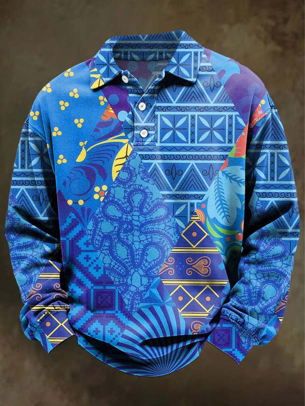Abstract Geometric Irregular Print Casual Long-Sleeve Polo Shirt
