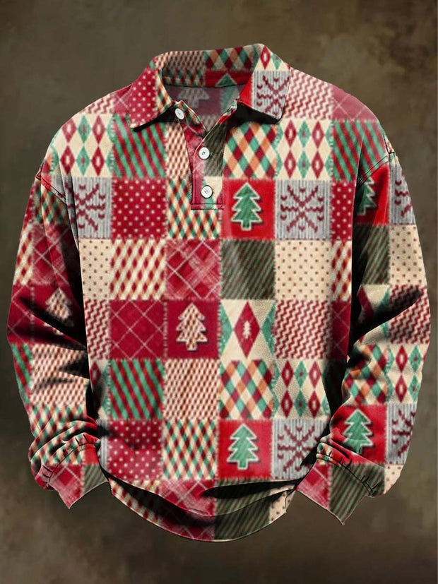 Christmas Plaid Print Casual Long-Sleeve Polo Shirt