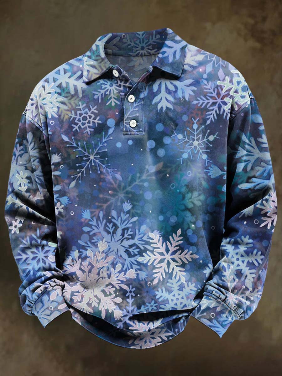 Christmas Snowflake Print Casual Long-Sleeve Polo Shirt