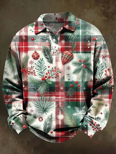 Christmas Holly Plaid Print Casual Long-Sleeve Polo Shirt