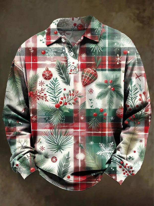 Christmas Holly Plaid Print Casual Long-Sleeve Polo Shirt