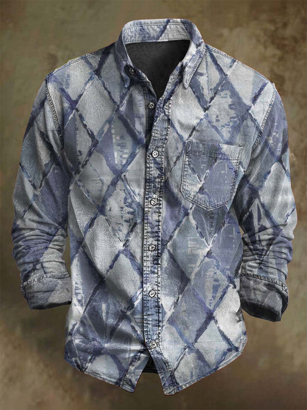 Abstract Diamond Pattern Print Casual Long-Sleeve Shirt