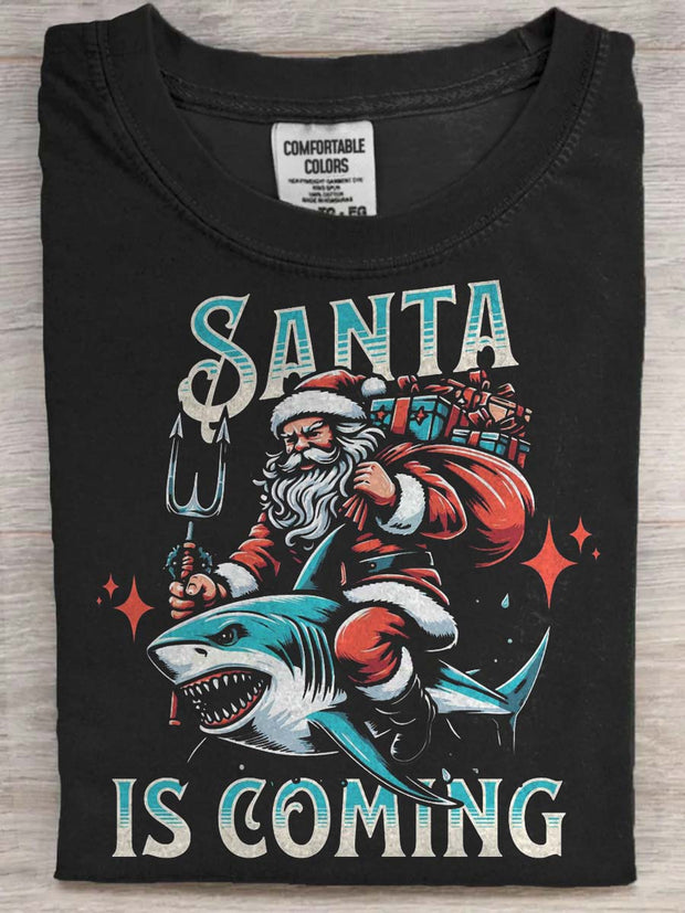 Shark Santa Print Casual Short-Sleeve T-Shirt