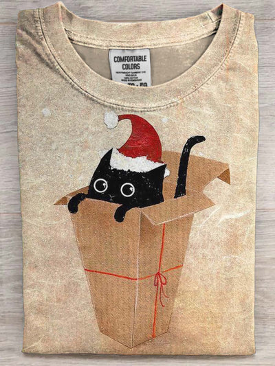 Christmas Cat Print Casual Short-Sleeve T-Shirt