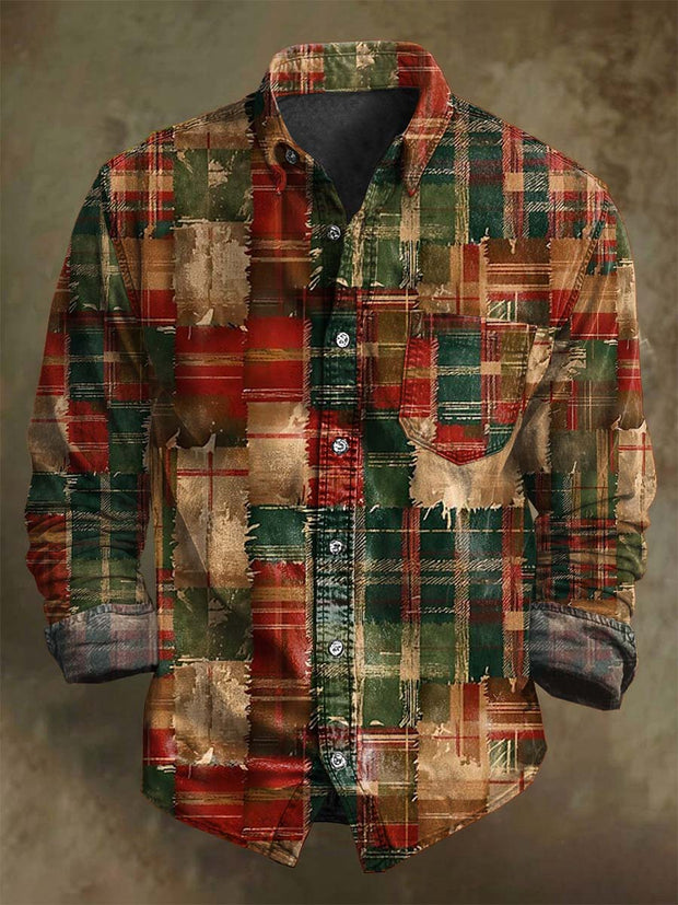 Vintage Plaid Print Christmas Casual Long-Sleeve Shirt