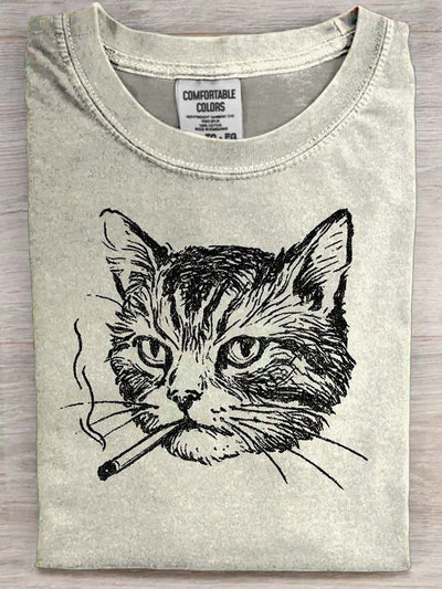 Smoking Cat Print Casual Short-Sleeve T-Shirt