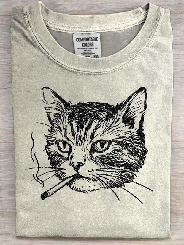 Smoking Cat Print Casual Short-Sleeve T-Shirt
