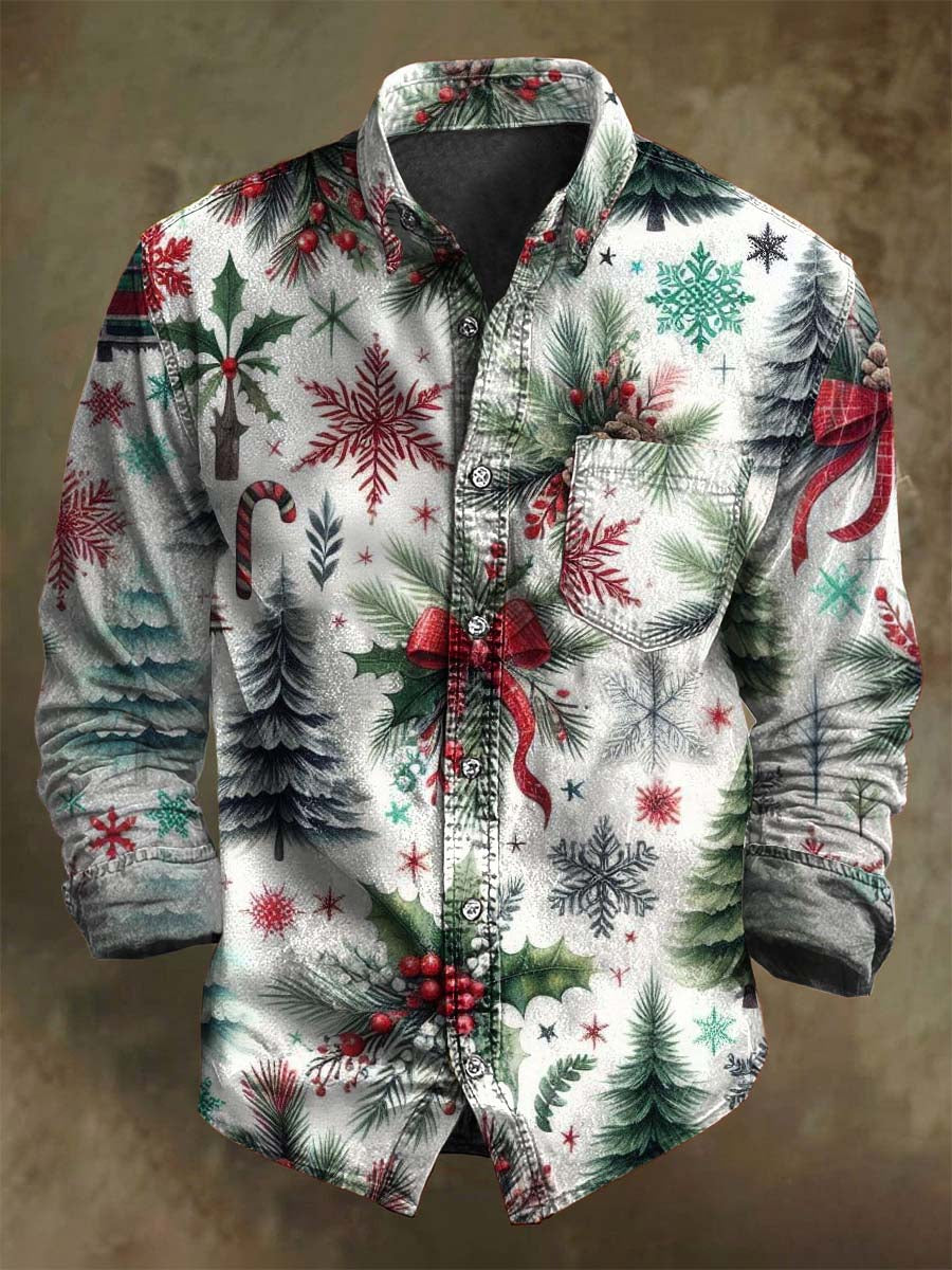 Holly Christmas Tree Print Casual Long-Sleeve Shirt