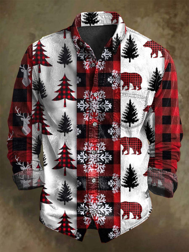 Christmas Tree Plaid Print Casual Long-Sleeve Shirt