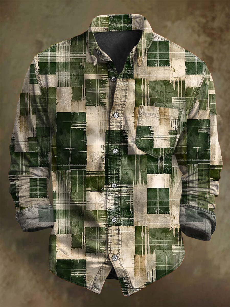 Vintage Green Plaid Print Casual Long-Sleeve Shirt for Christmas