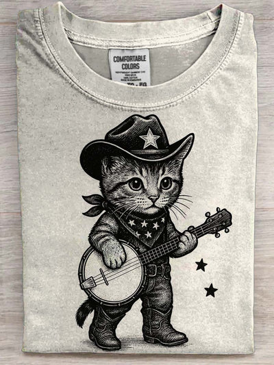 Cowboy Cat Print Casual Short-Sleeve T-Shirt