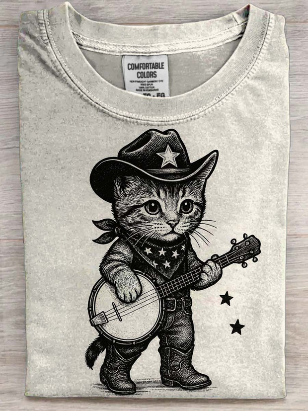 Cowboy Cat Print Casual Short-Sleeve T-Shirt