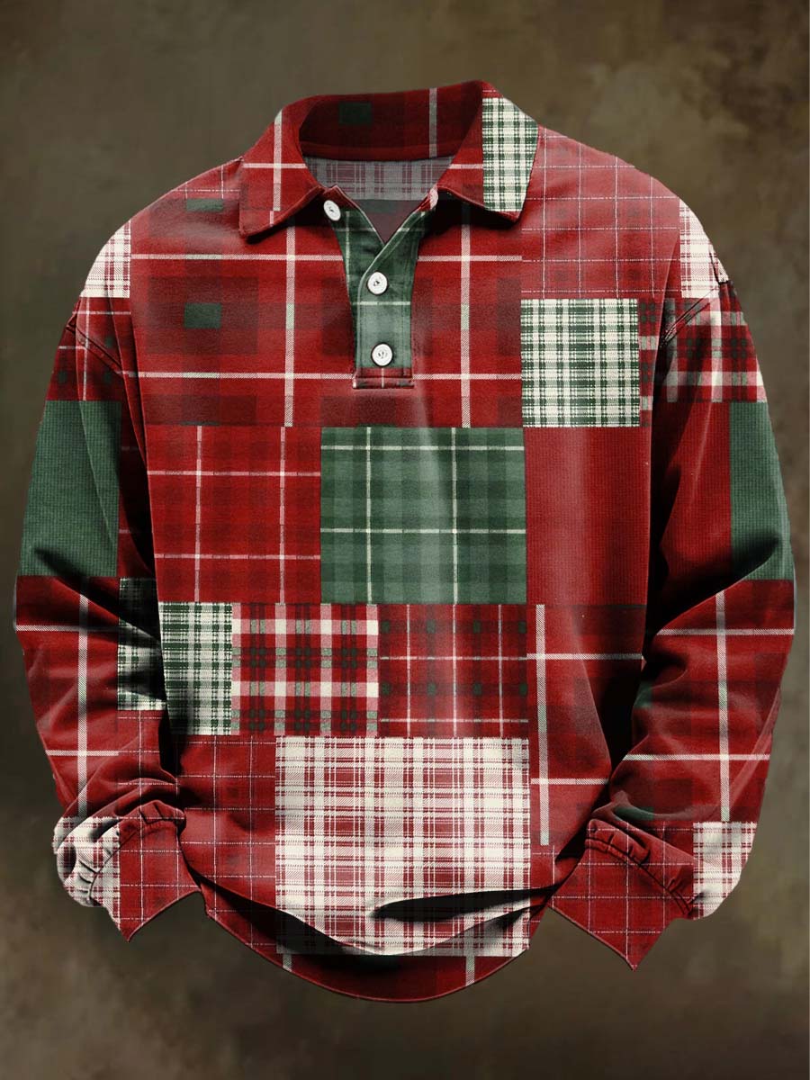Retro Christmas Plaid Print Casual Long-Sleeve Polo Shirt