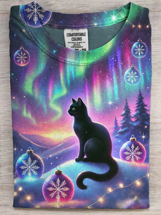 Aurora Snowflake Cat Print Casual Short-Sleeve T-Shirt