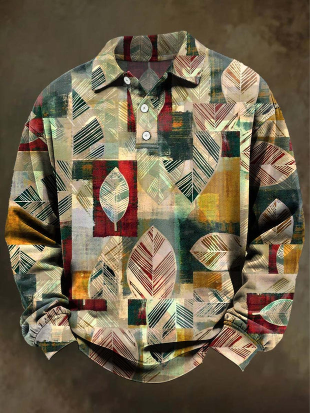 Abstract Irregular Leaf Print Casual Long-Sleeve Polo Shirt