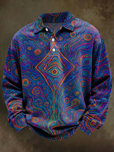 Abstract Colorful Triangle-Eye Print Casual Long-Sleeve Polo Shirt