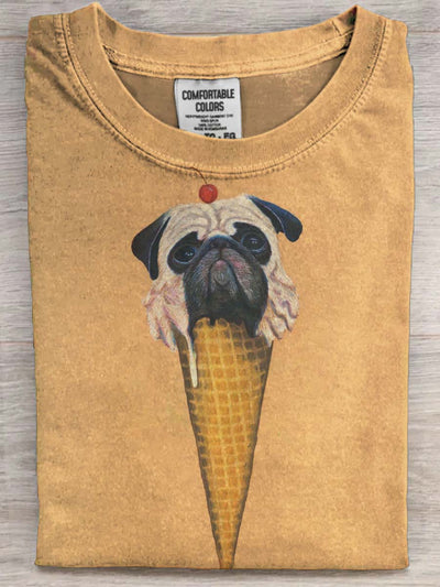 Funny Ice Cream Cone Puppy Print Casual Short-Sleeve T-Shirt