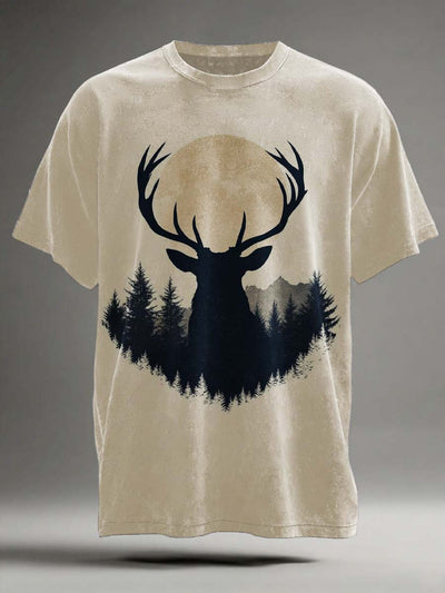 Retro Forest Elk Print Casual Short-Sleeve T-Shirt