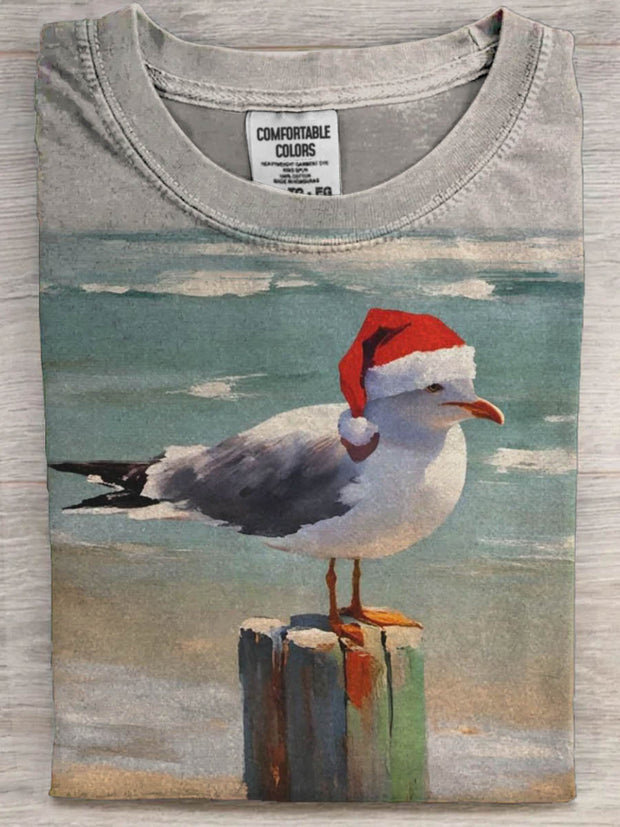Christmas Seagull Print Casual Short-Sleeve T-Shirt