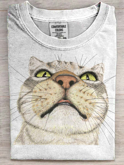 Funny Big-Headed Cat Print Casual Short-Sleeve T-Shirt