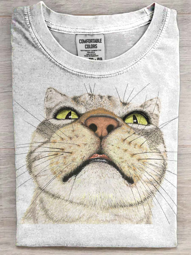 Funny Big-Headed Cat Print Casual Short-Sleeve T-Shirt