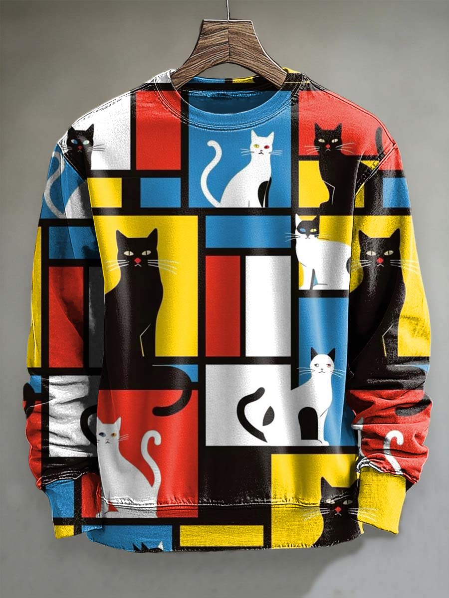 Abstract Patchwork Contrast-Color Cat Print Casual Crewneck Sweatshirt