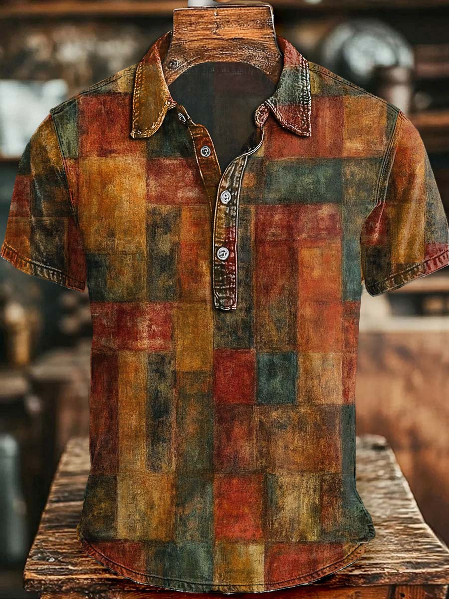 Abstract Vintage-Inspired Distressed Plaid Print Short-Sleeve Polo Shirt