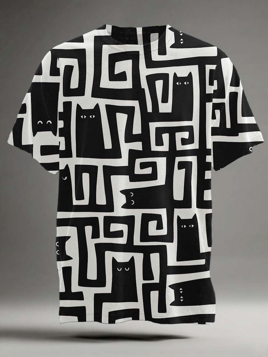 Black Cat Maze Print Casual Short-Sleeve T-Shirt