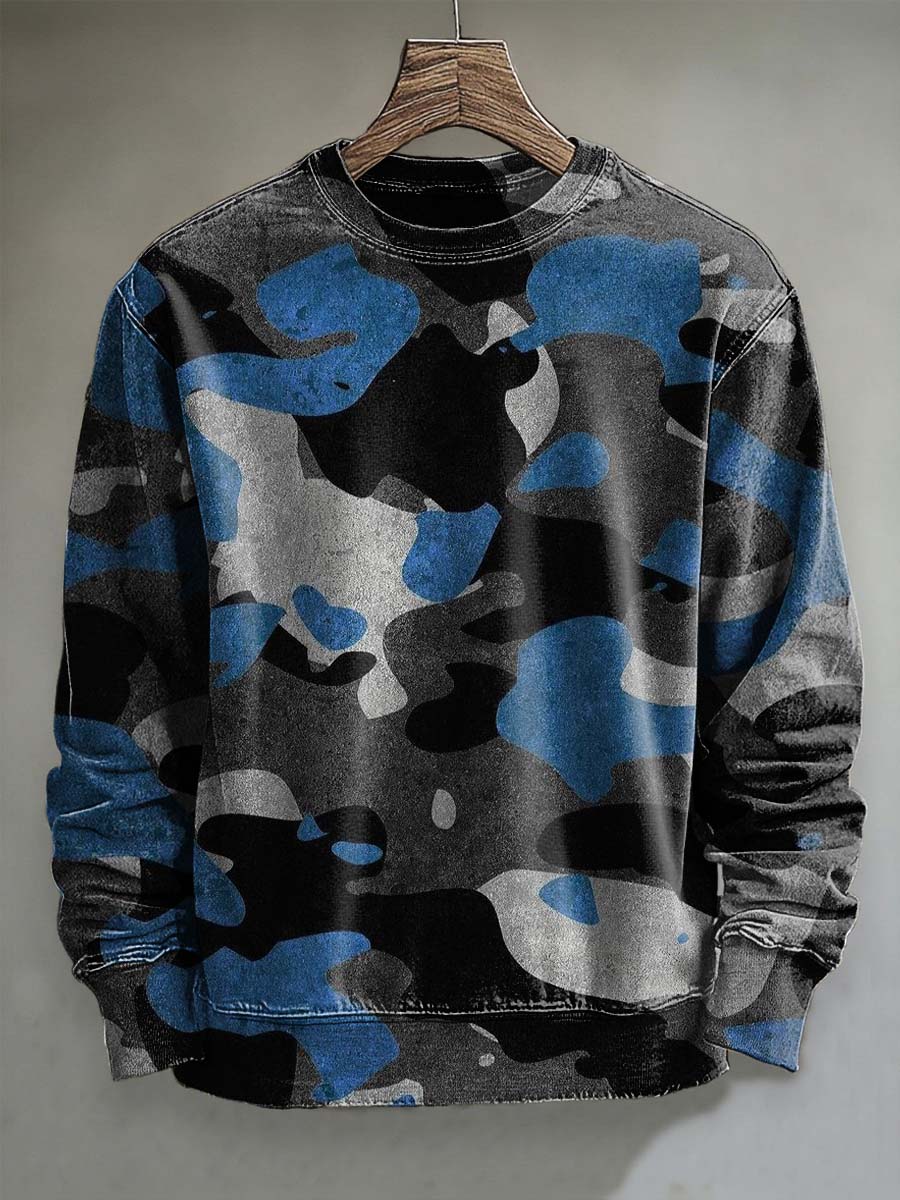 Abstract Retro Blue Camouflage Casual Long-Sleeve Sweatshirt