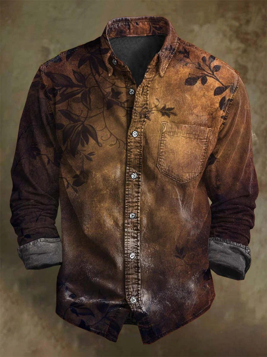 Vintage Gradient Floral Print Casual Long Sleeve Shirt