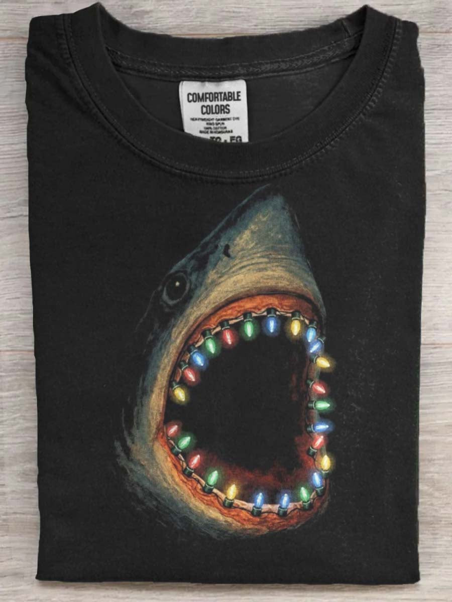 Christmas Lights Shark Print Casual Short-Sleeve T-Shirt