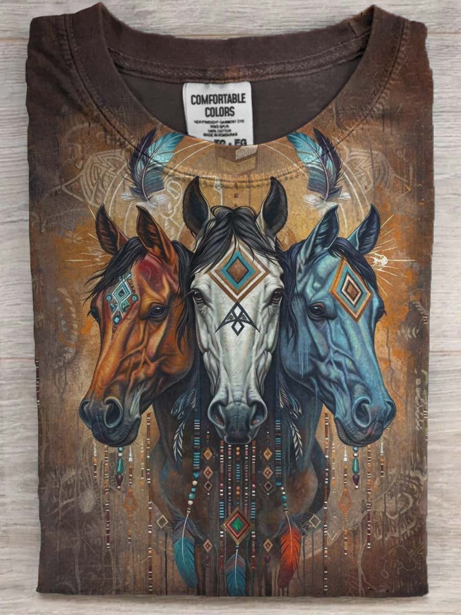Tri-Color Totem Horse Print Casual Short-Sleeve T-Shirt