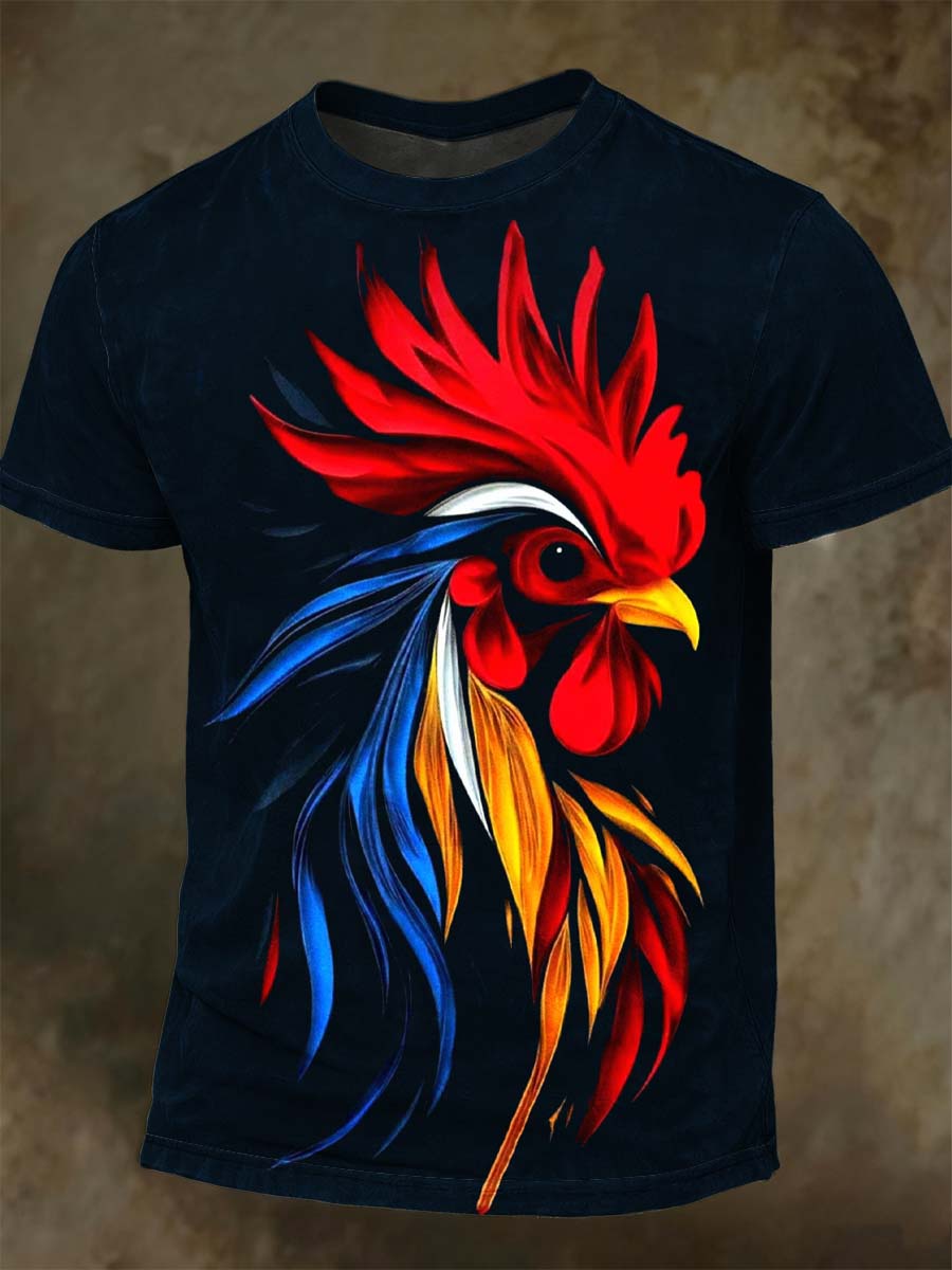 Vibrant Rooster Print Casual Short-Sleeve T-Shirt