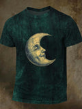 Vintage Moon-Face Print Casual Short-Sleeve T-Shirt