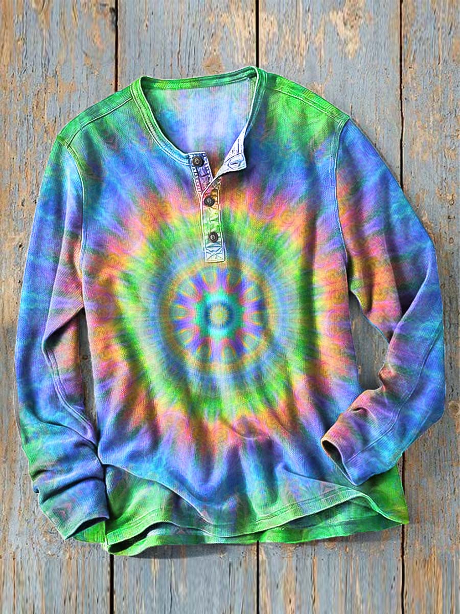 Rainbow Tie-Dye Print Casual Long-Sleeve Henley Shirt