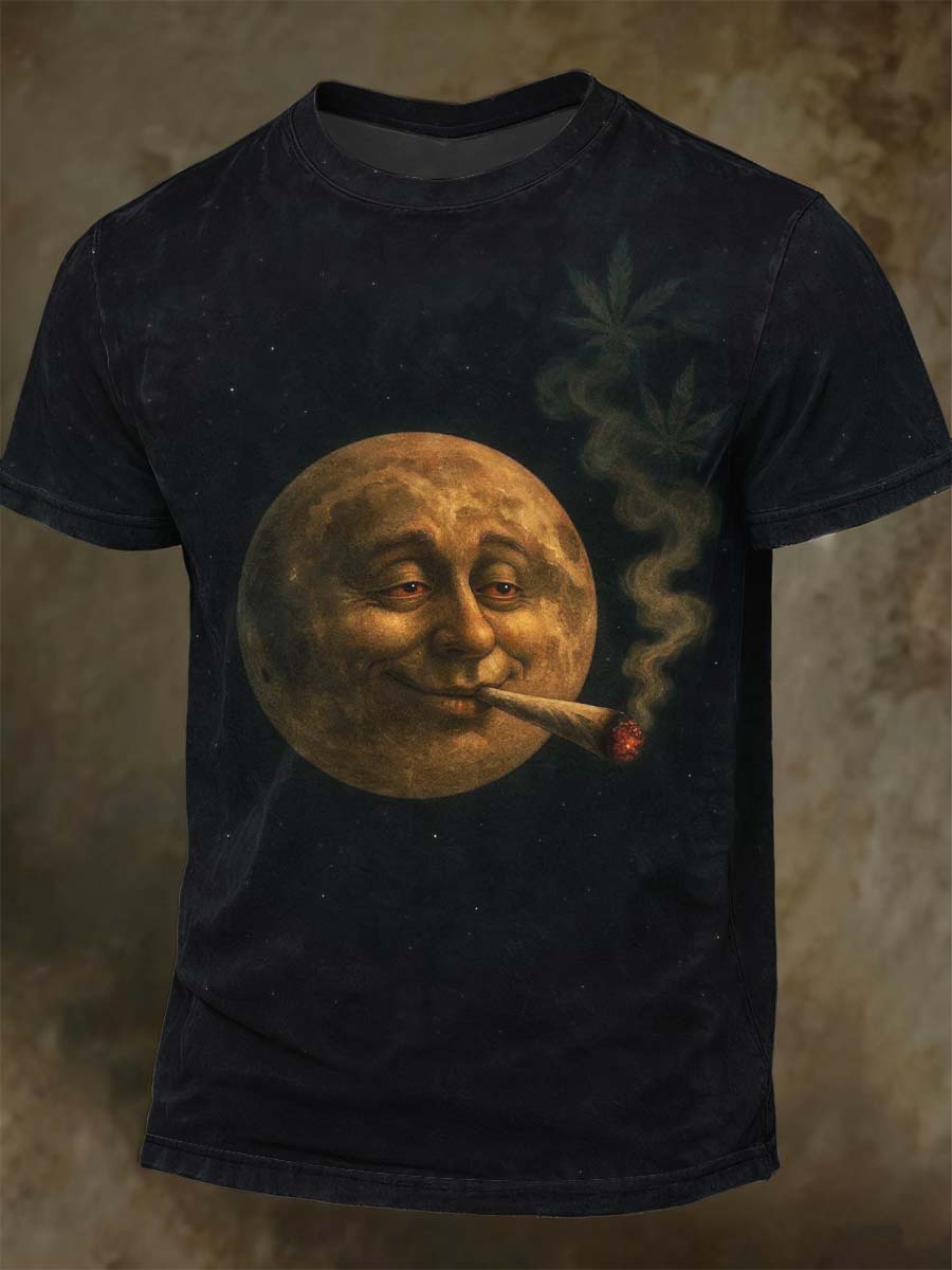 “Smoking Moon” Print Casual Short-Sleeve T-Shirt