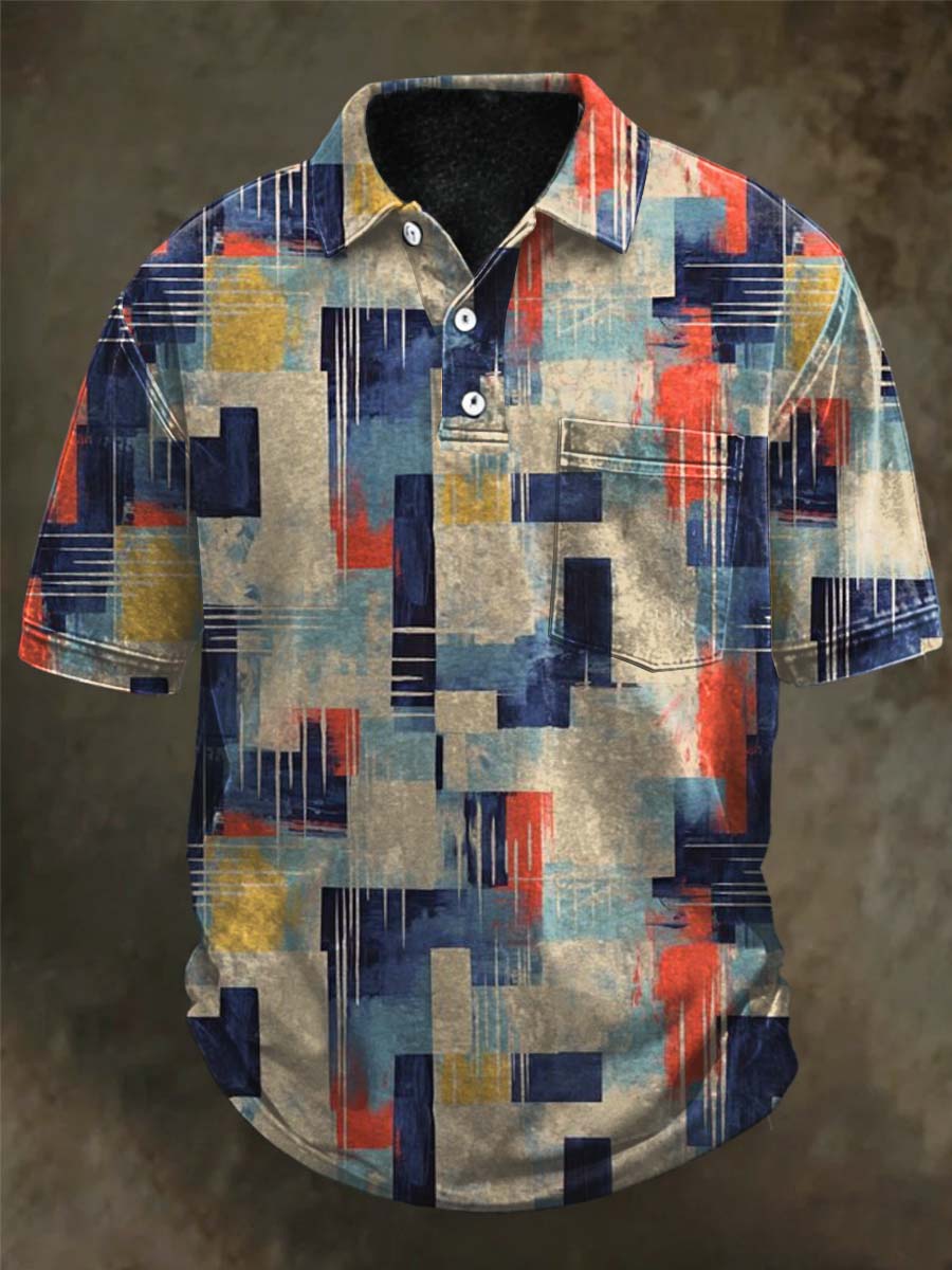 Vintage Distressed Geometric Print Casual Short-Sleeved Polo Shirt