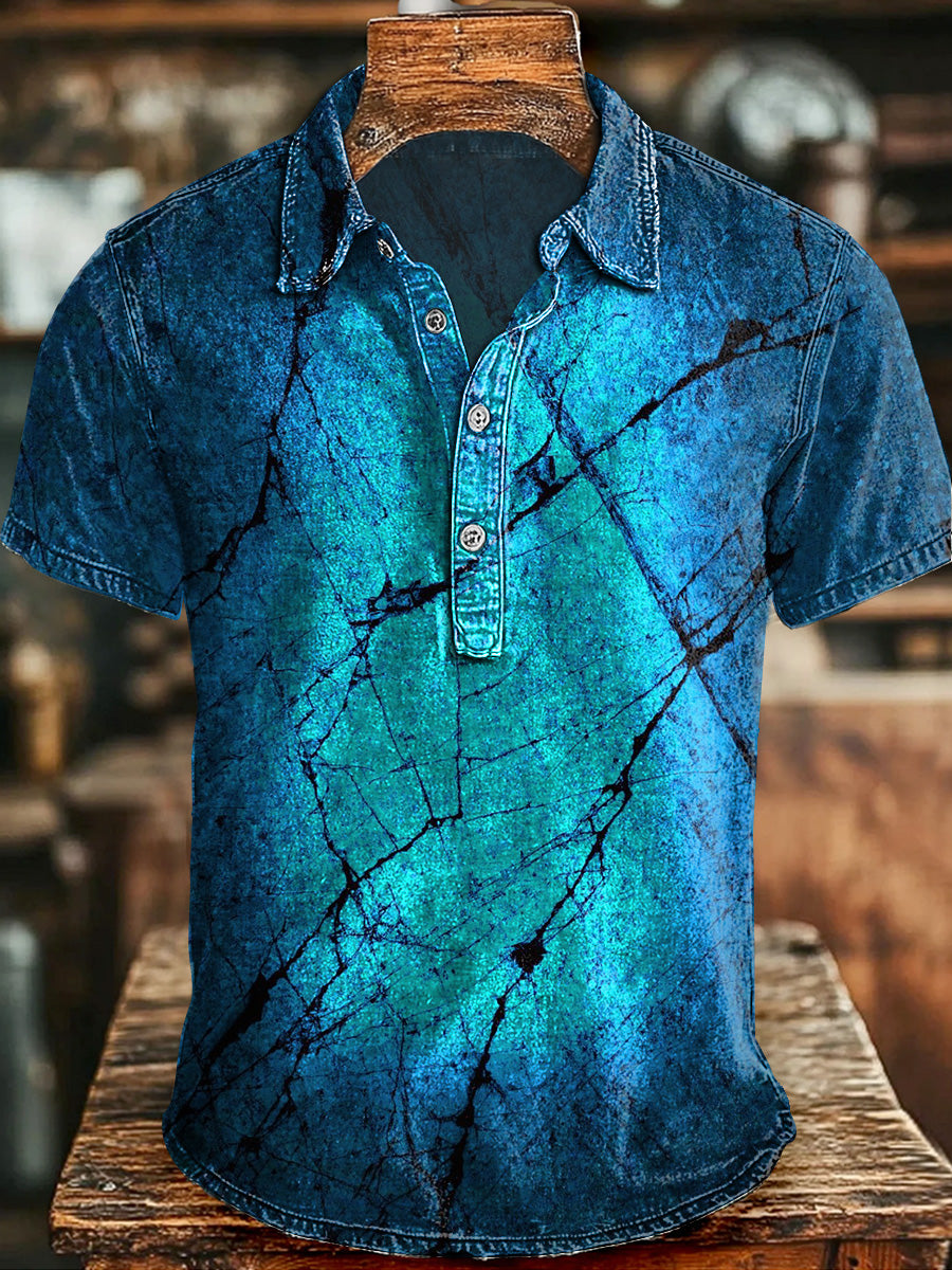 Vintage-style Cracked Wall Print Casual Short-Sleeve Shirt