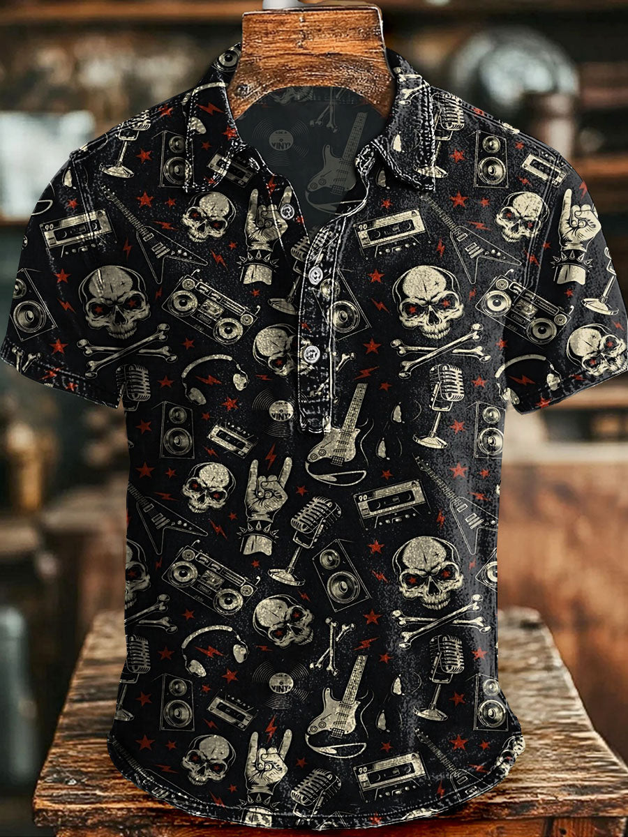 Vintage Skull Rock Print Casual Short-Sleeve Shirt