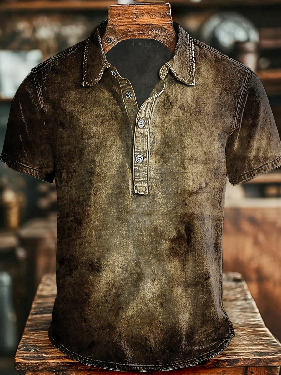Vintage-Inspired Distressed Print Casual Short-Sleeve Shirt