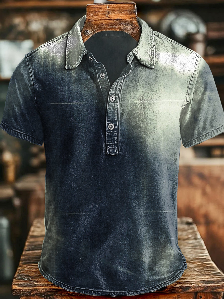 Vintage Gradient Reflective Print Casual Short-Sleeve Shirt