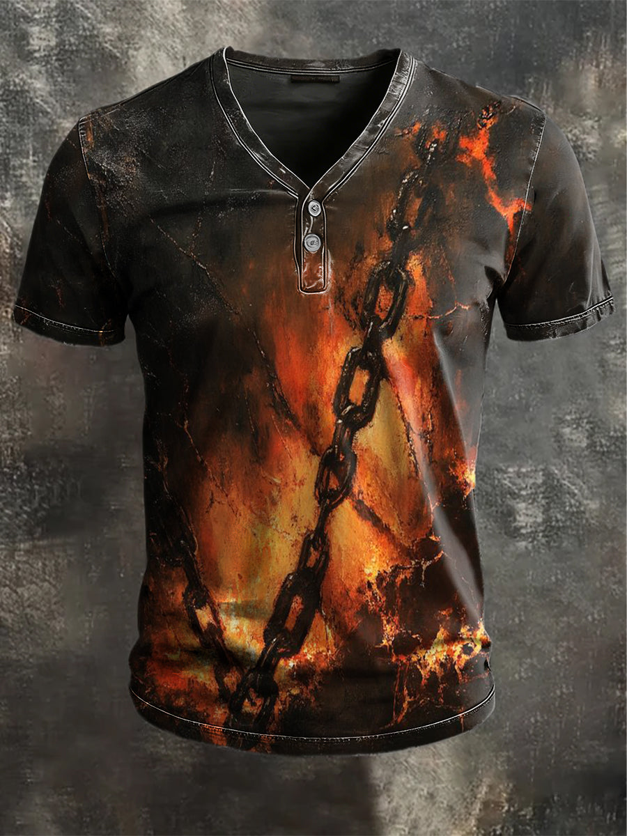 Vintage Flame Chain Print Short-Sleeve Henley Shirt