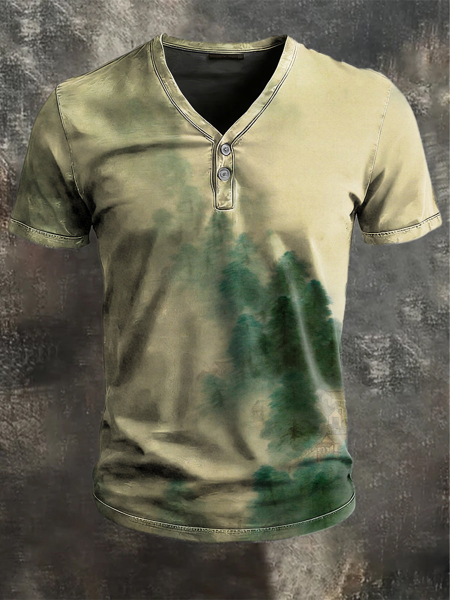 Vintage Ink-Washed Forest Print Casual Henley Shirt