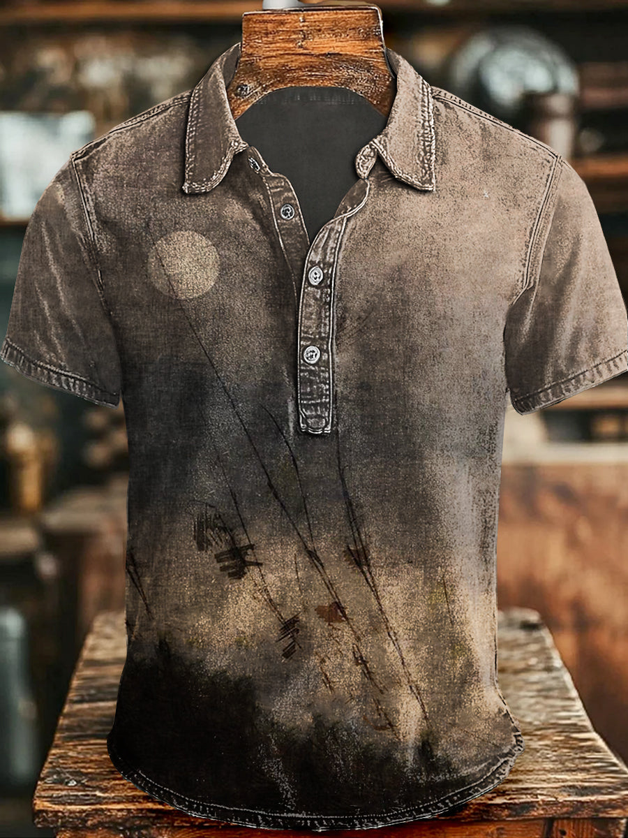 Vintage-Print Casual Short-Sleeve Shirt