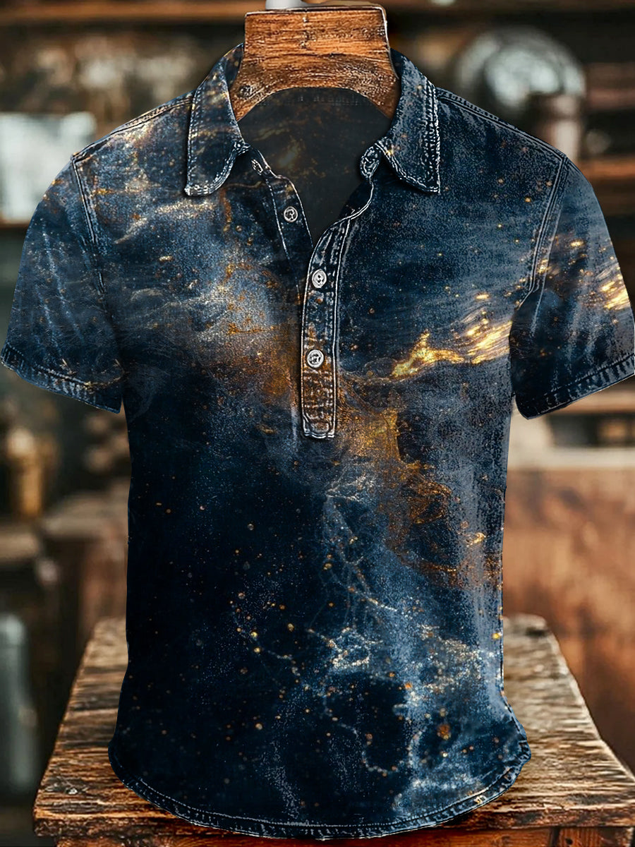Vintage Starry Sky Print Casual Short-Sleeve Shirt