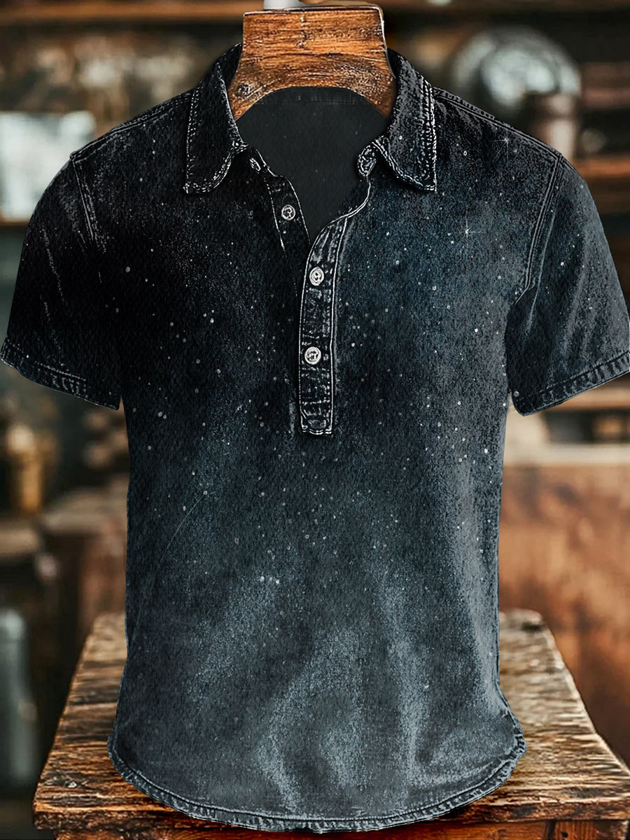 Vintage Starry Night Gradient Print Casual Short-Sleeve Shirt