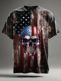 Flag & Skull Print Casual Short-Sleeve T-Shirt